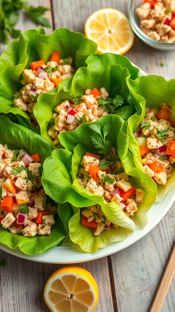 A plate of tuna salad lettuce wraps filled with colorful vegetables, garnished with herbs, on a rustic table.